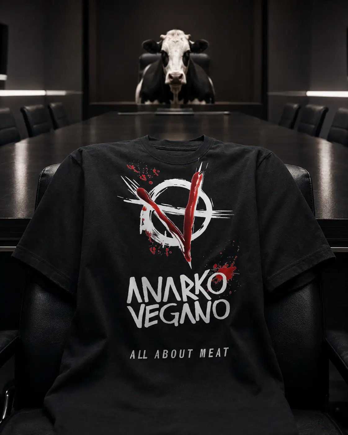 Camiseta preta Anarko em uma sala de reuniões presidida por uma vaca